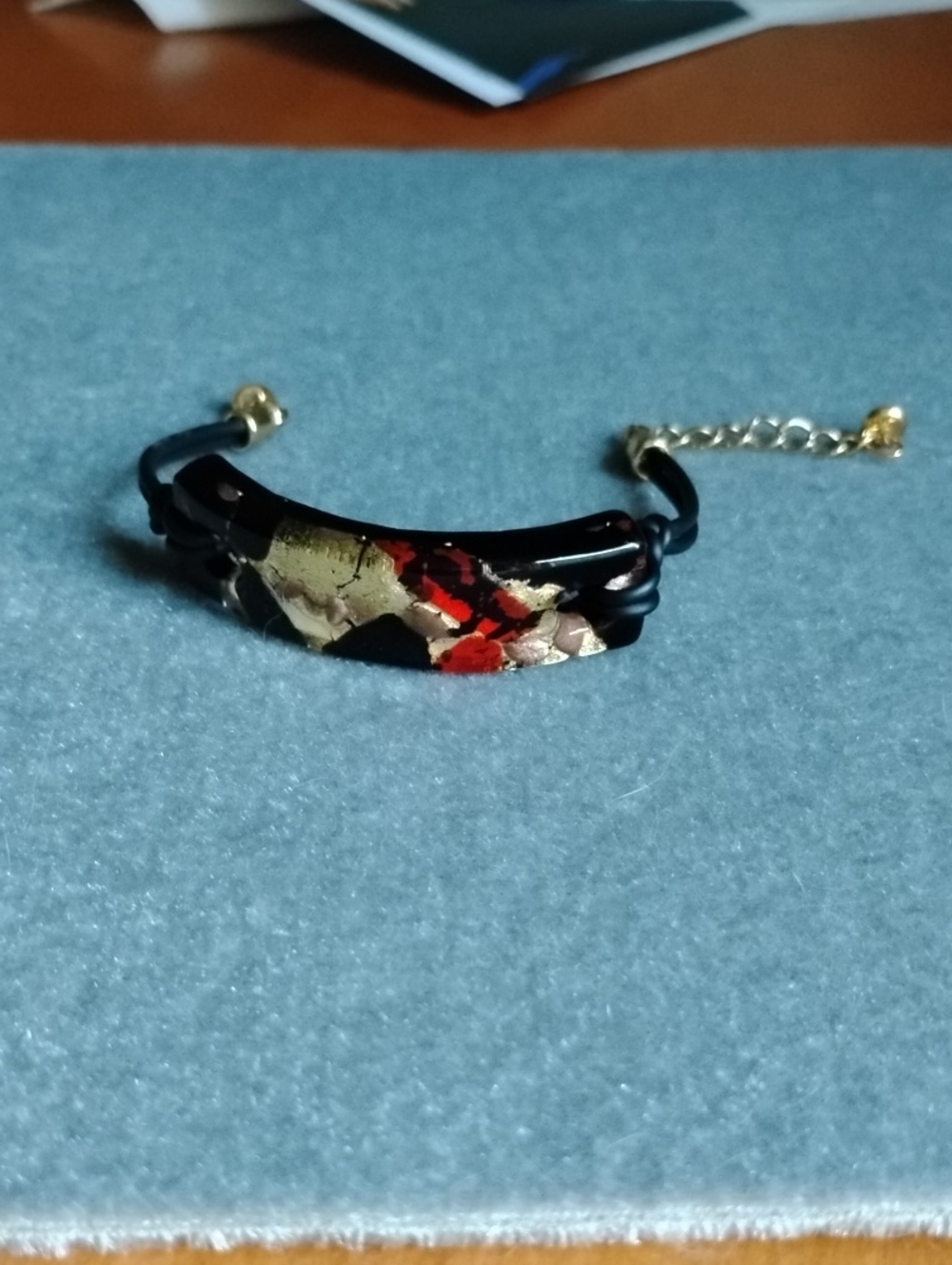 Dichroic Glass Black CordBracelet with Gold Chain And Magnetic Clasp